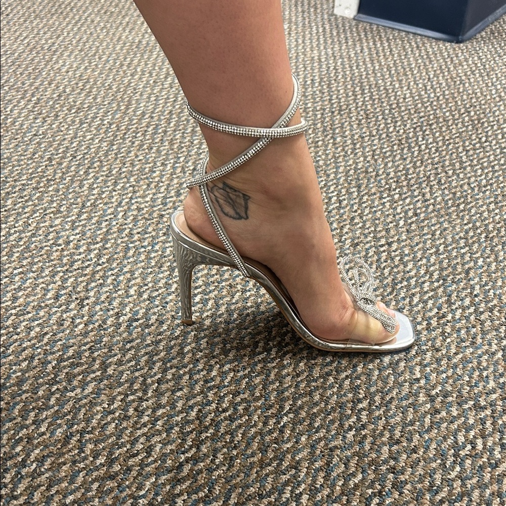 Silver Strappy High Heel Sandals with Ankle Wrap BCBG generation